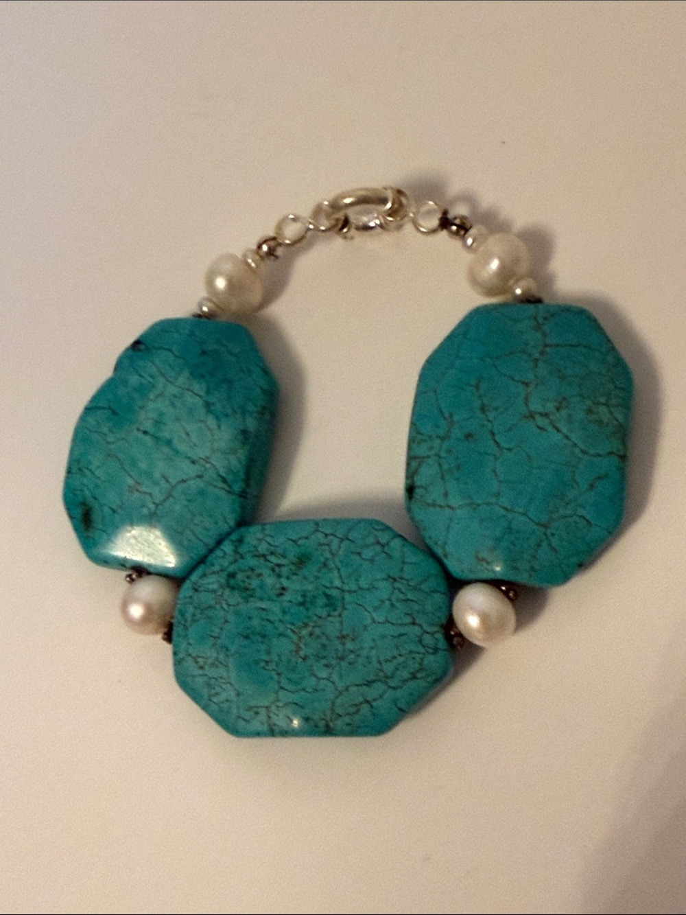BRACELET TURQUOISE NUGGETS HEXAGONAL FRESHWATER PEARLS 925 STERLING SILVER 8”